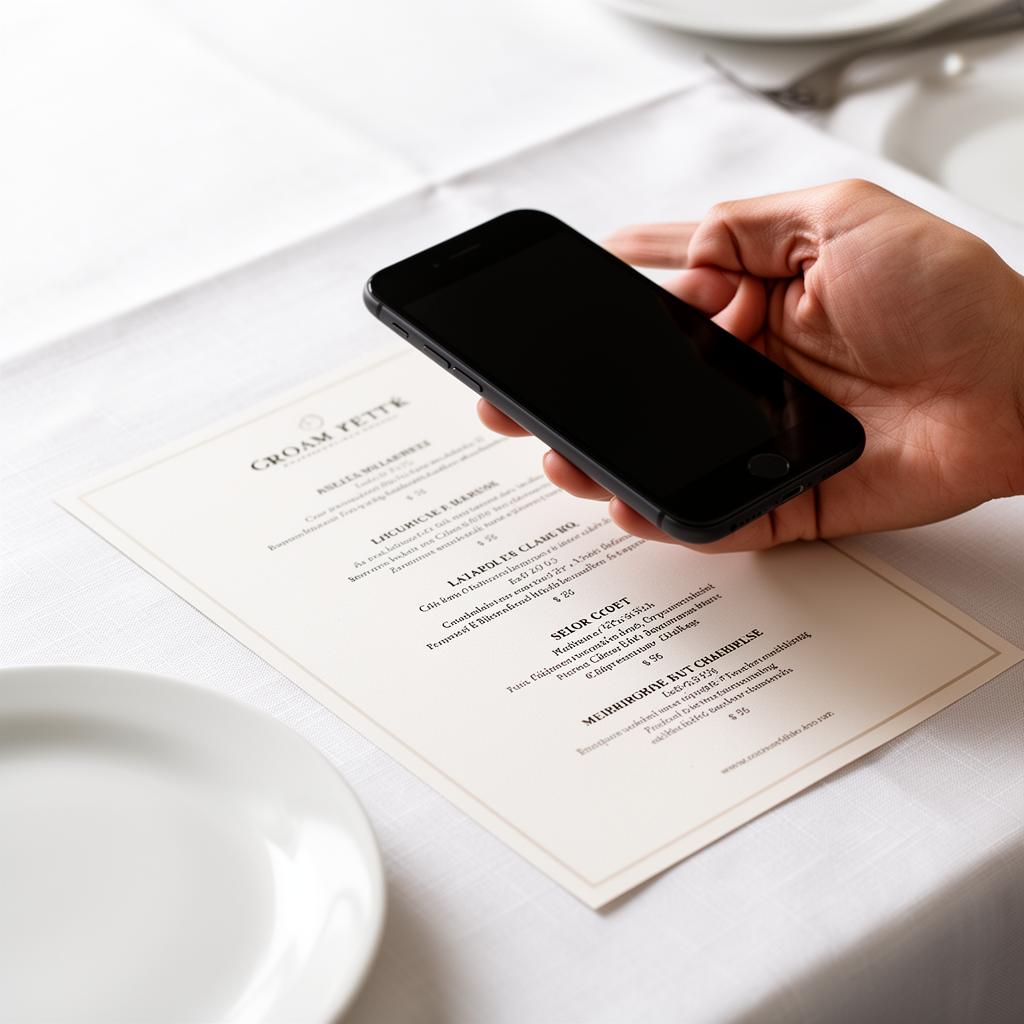 Diner holding phone scanning a menu